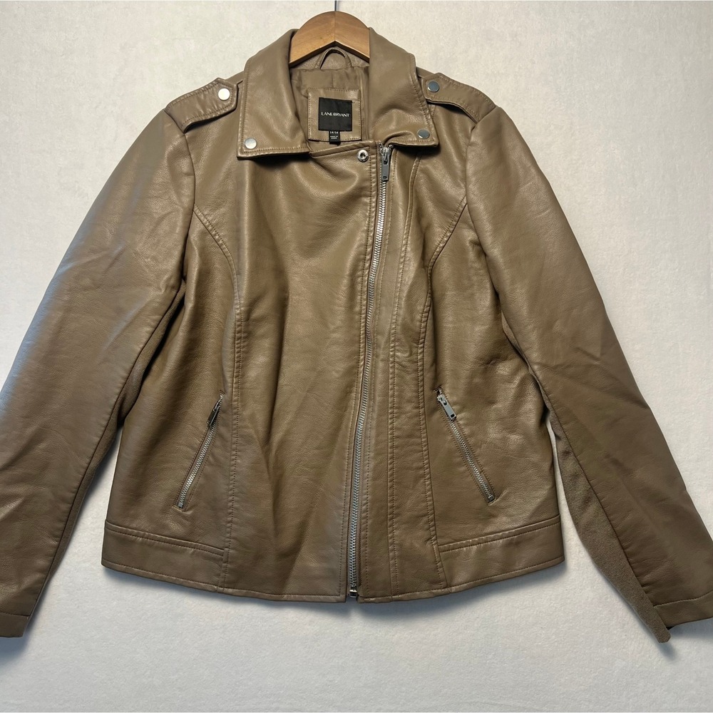 Lane Bryant 14/16 Moto Jacket Edgy Chic Taupe Faux Leather Asymmetric Zip Biker